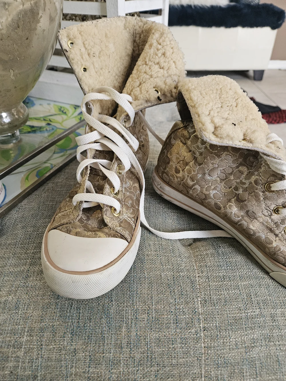 Coach Metallic Gold Monogram High-Top Sneaker with Shearling Collar